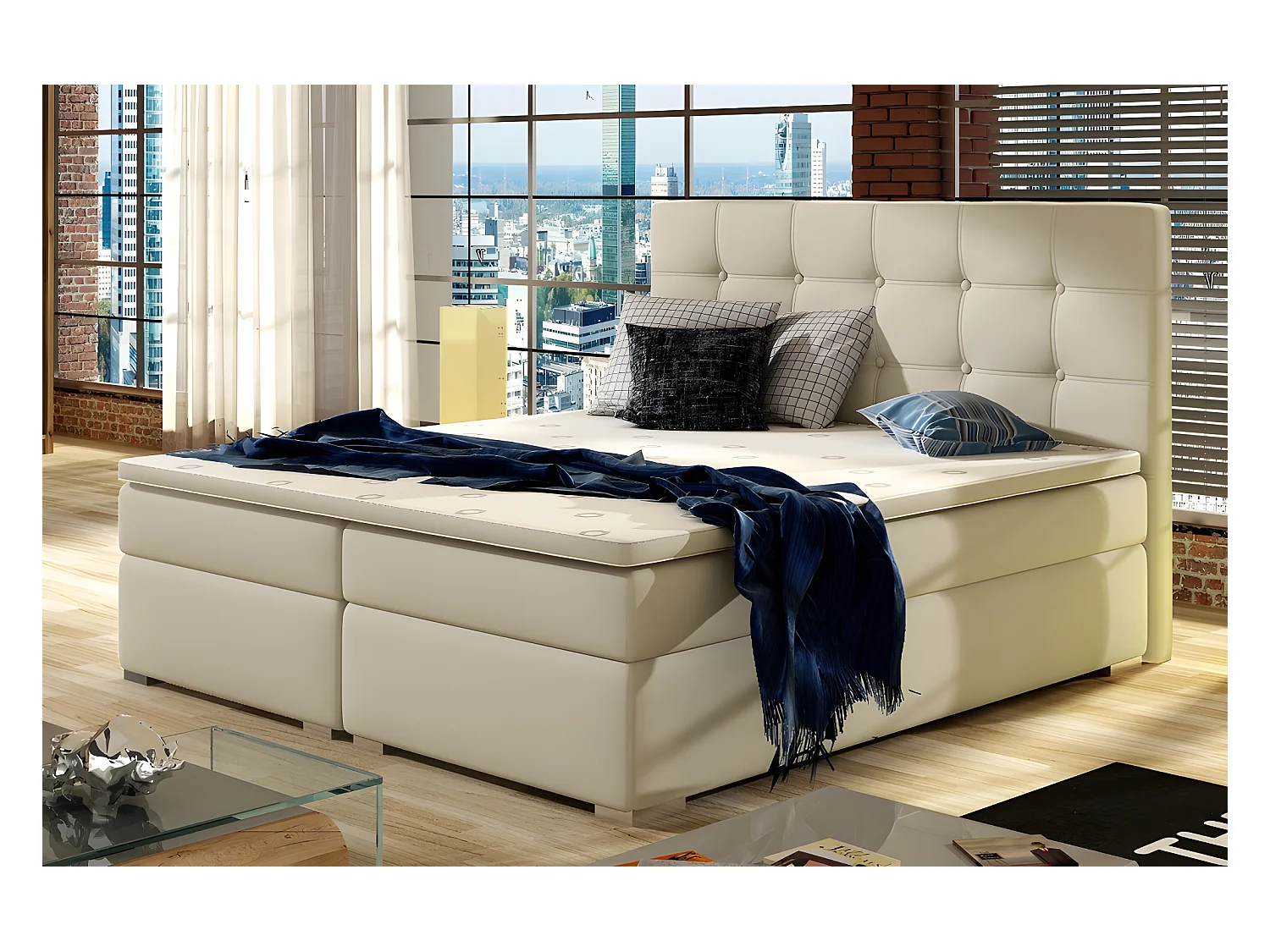 Ensemble boxspring complet tête de lit + sommiers + matelas + surmatelas INAYA de VENESETTI - simili cuir beige - 140x200 cm
