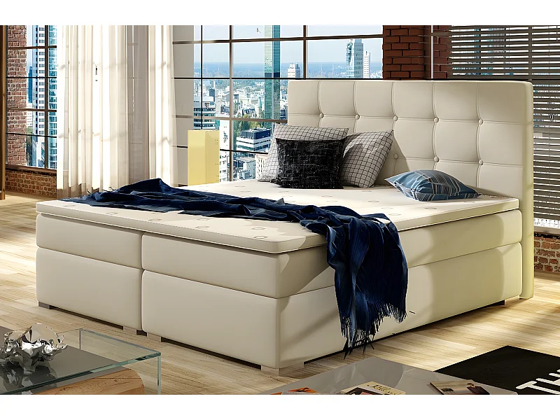 Ensemble boxspring complet tête de lit + sommiers + matelas + surmatelas INAYA de VENESETTI - simili cuir beige - 140x200 cm
