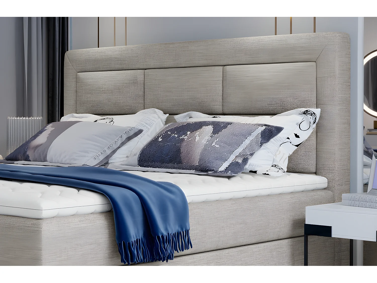 Ensemble boxspring complet tête de lit + sommiers + matelas + surmatelas VISTA de VENESETTI - tissu luxe beige - 180 x 200 cm