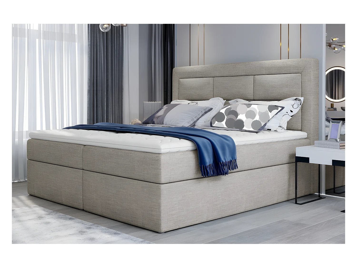 Ensemble boxspring complet tête de lit + sommiers + matelas + surmatelas VISTA de VENESETTI - tissu luxe beige - 180 x 200 cm