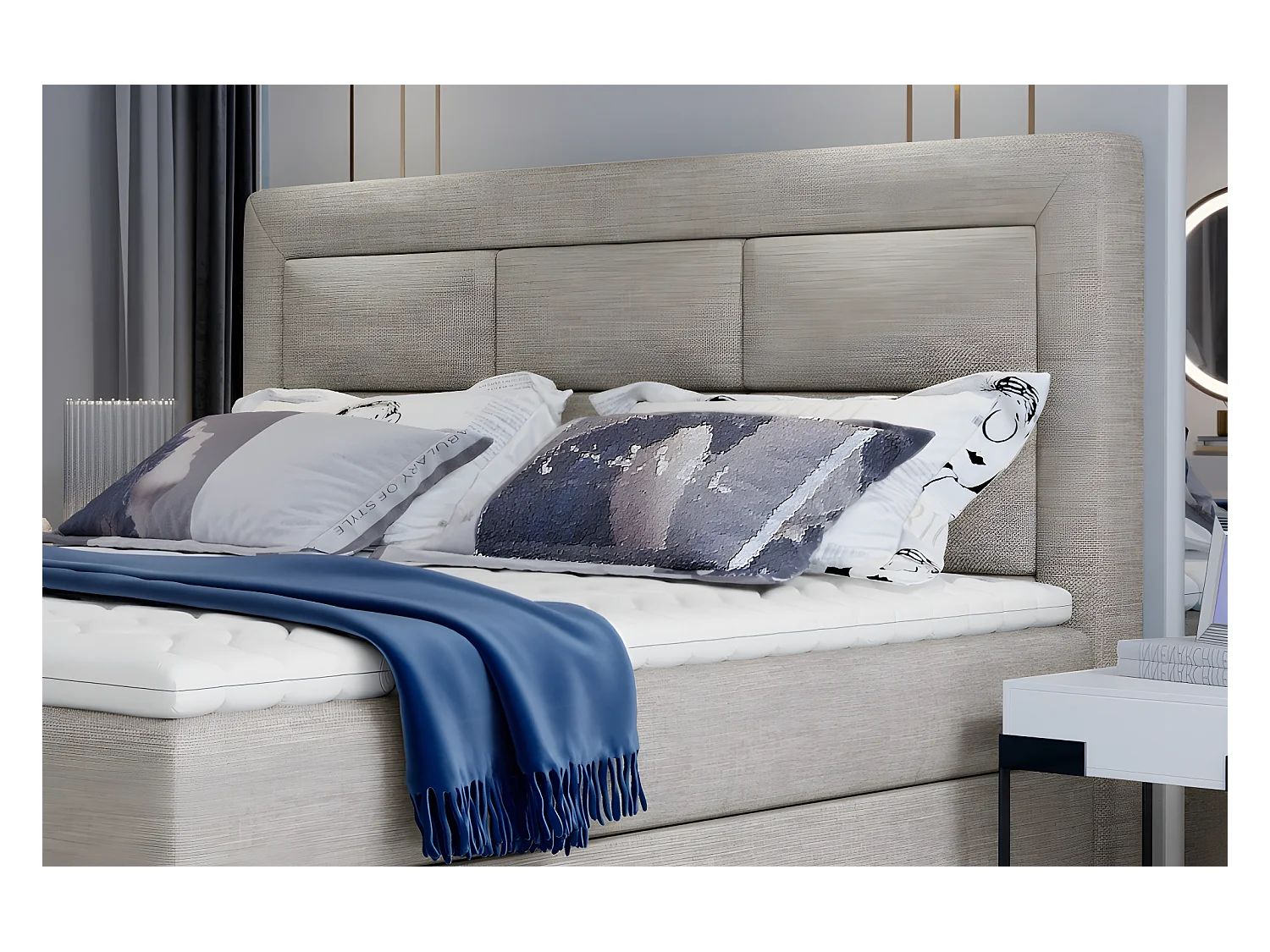 Ensemble boxspring complet tête de lit + sommiers + matelas + surmatelas VISTA de VENESETTI - tissu luxe beige - 180 x 200 cm