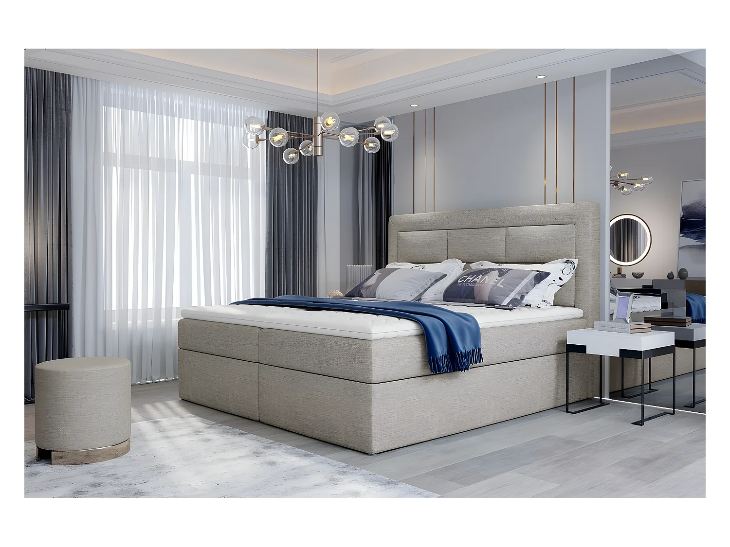 Ensemble boxspring complet tête de lit + sommiers + matelas + surmatelas VISTA de VENESETTI - tissu luxe beige - 180 x 200 cm