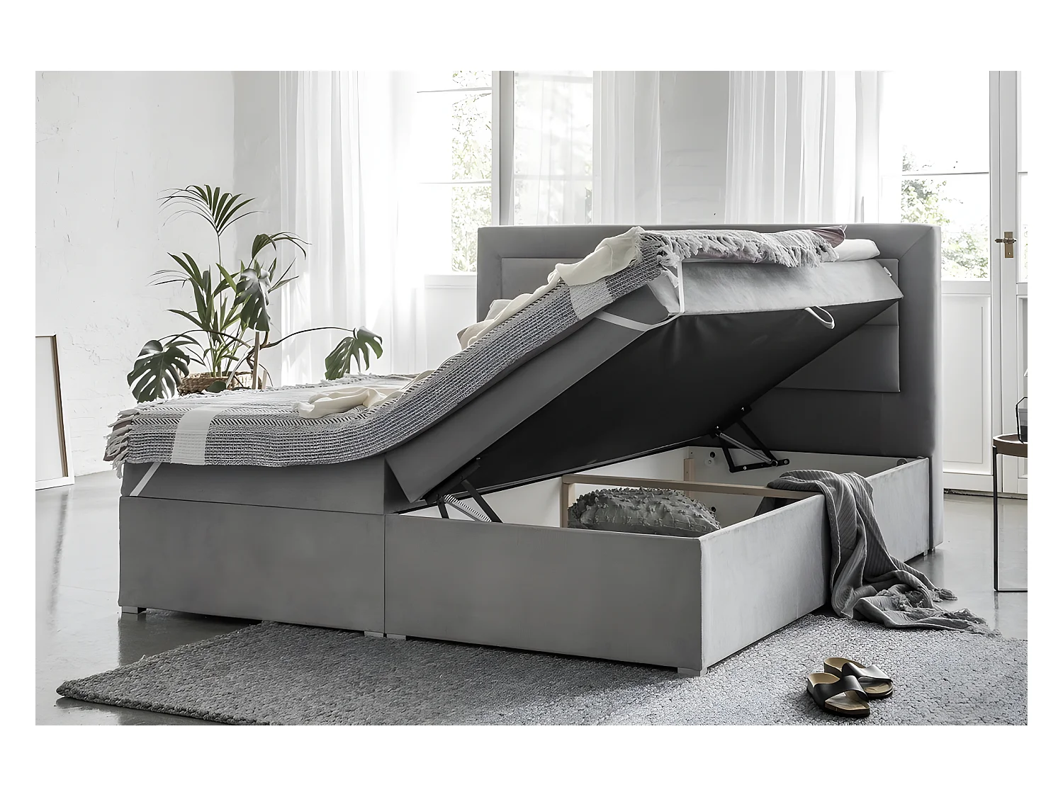 Ensemble boxspring complet tête de lit + sommiers + matelas + surmatelas VISTA de VENESETTI - tissu luxe beige - 180 x 200 cm