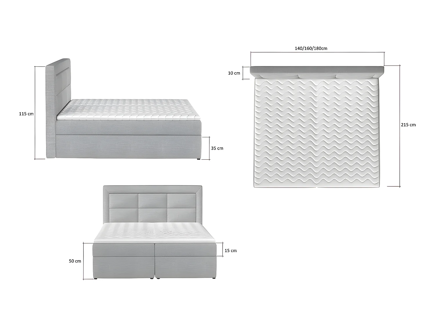 Ensemble boxspring complet tête de lit + sommiers + matelas + surmatelas VISTA de VENESETTI - tissu luxe beige - 180 x 200 cm