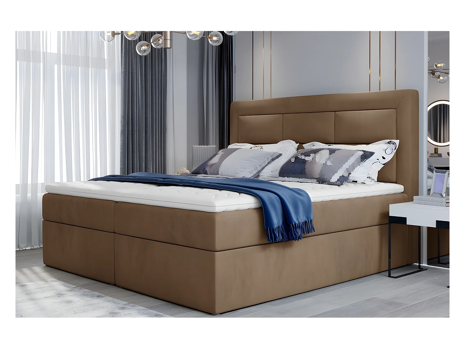 Ensemble boxspring complet tête de lit + sommiers + matelas + surmatelas VISTA VELOURS de VENESETTI - tissu velours luxe marron - 140 x 200 cm