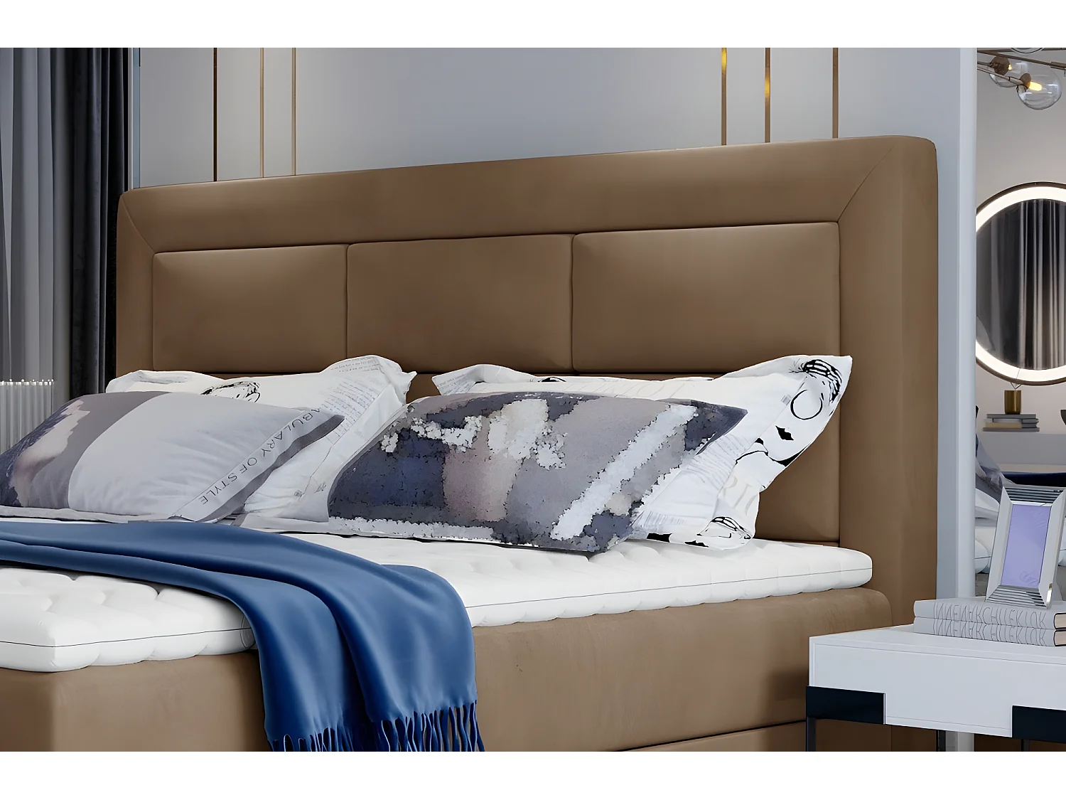 Ensemble boxspring complet tête de lit + sommiers + matelas + surmatelas VISTA VELOURS de VENESETTI - tissu velours luxe marron - 140 x 200 cm