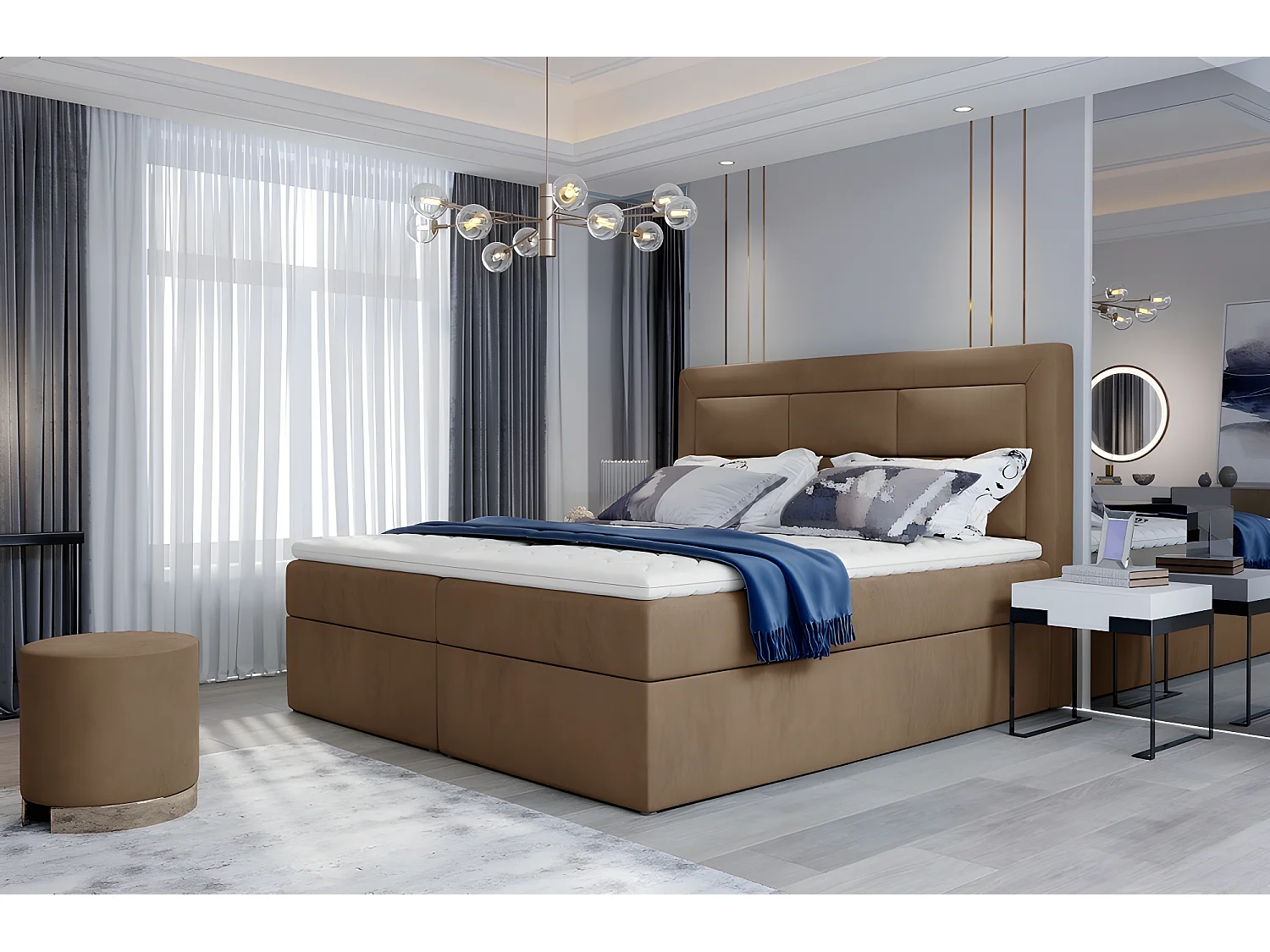 Ensemble boxspring complet tête de lit + sommiers + matelas + surmatelas VISTA VELOURS de VENESETTI - tissu velours luxe marron - 140 x 200 cm