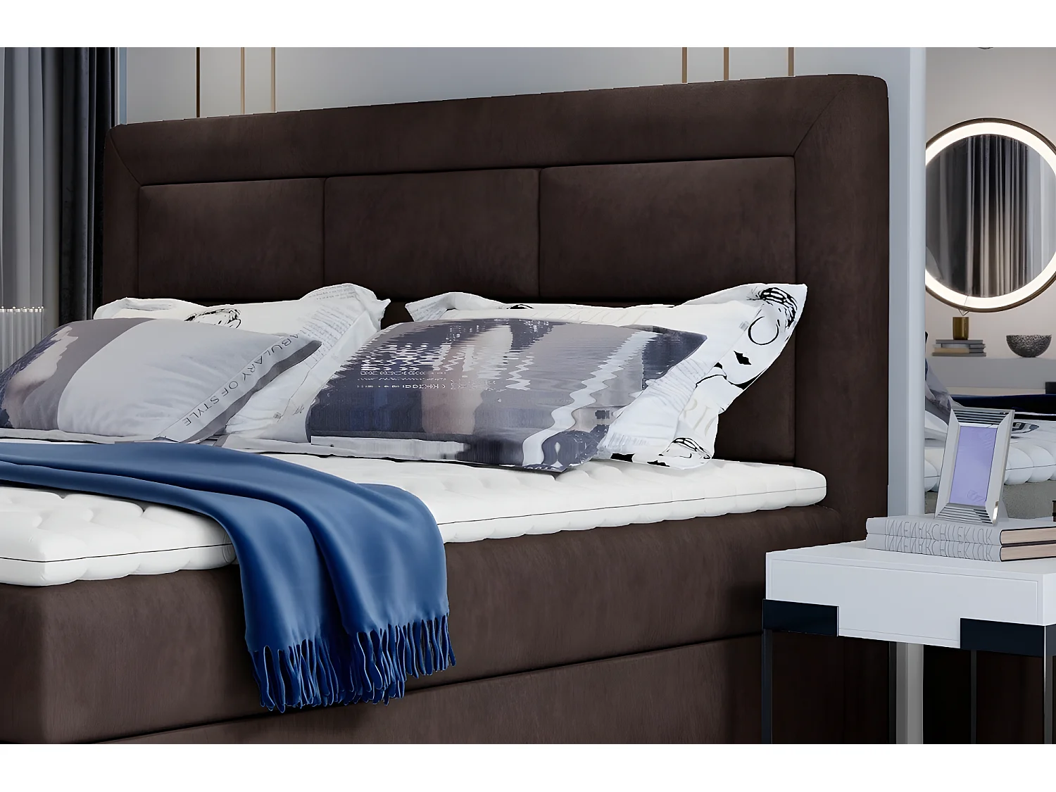 Ensemble boxspring complet tête de lit + sommiers + matelas + surmatelas VISTA de VENESETTI - tissu luxe chocolat - 160 x 200 cm