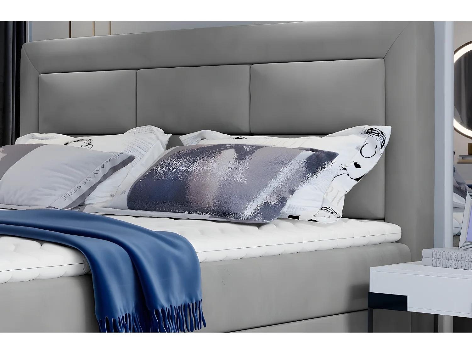 Ensemble boxspring complet tête de lit + sommiers + matelas + surmatelas VISTA VELOURS de VENESETTI - tissu velours luxe gris - 140 x 200 cm