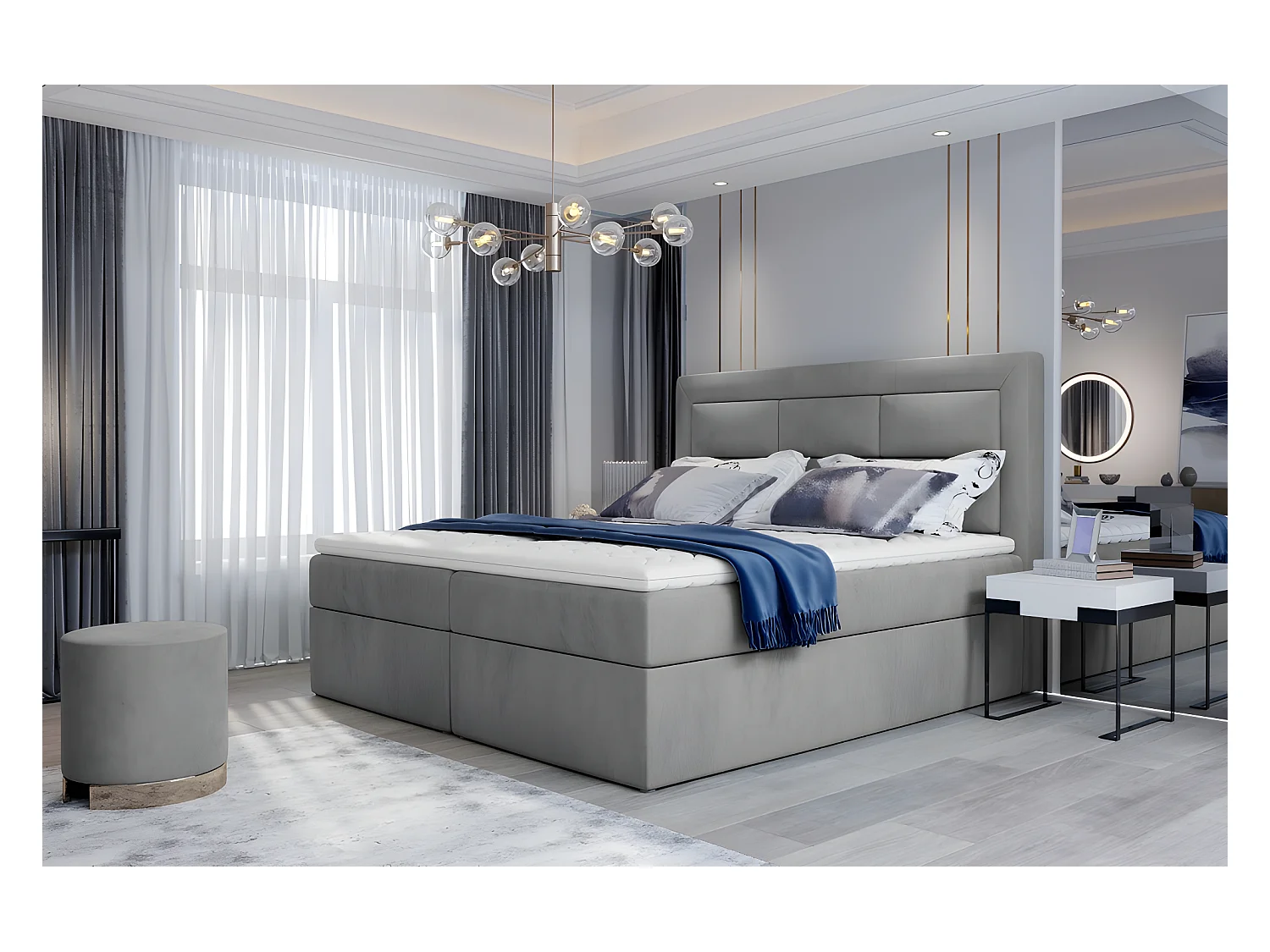 Ensemble boxspring complet tête de lit + sommiers + matelas + surmatelas VISTA VELOURS de VENESETTI - tissu velours luxe gris - 140 x 200 cm