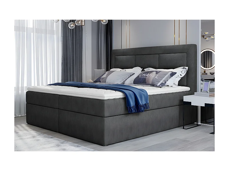 Ensemble boxspring complet tête de lit + sommiers + matelas + surmatelas VISTA de VENESETTI - tissu luxe gris foncé - 180 x 200 cm