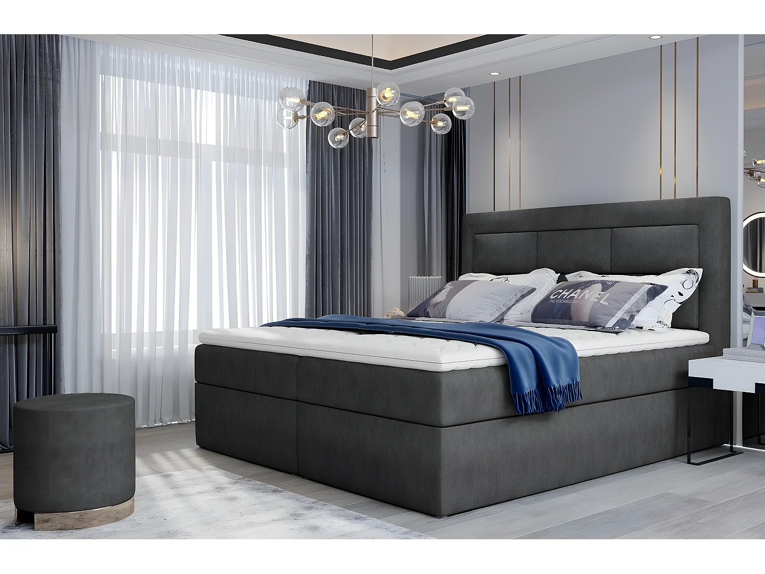 Ensemble boxspring complet tête de lit + sommiers + matelas + surmatelas VISTA de VENESETTI - tissu luxe gris foncé - 180 x 200 cm
