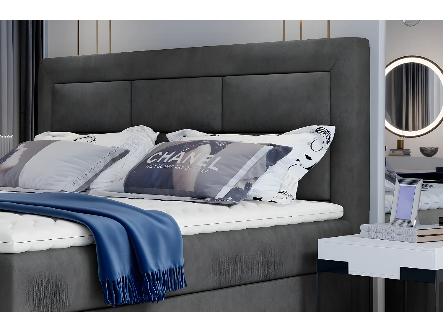 Ensemble boxspring complet tête de lit + sommiers + matelas + surmatelas VISTA de VENESETTI - tissu luxe gris foncé - 180 x 200 cm