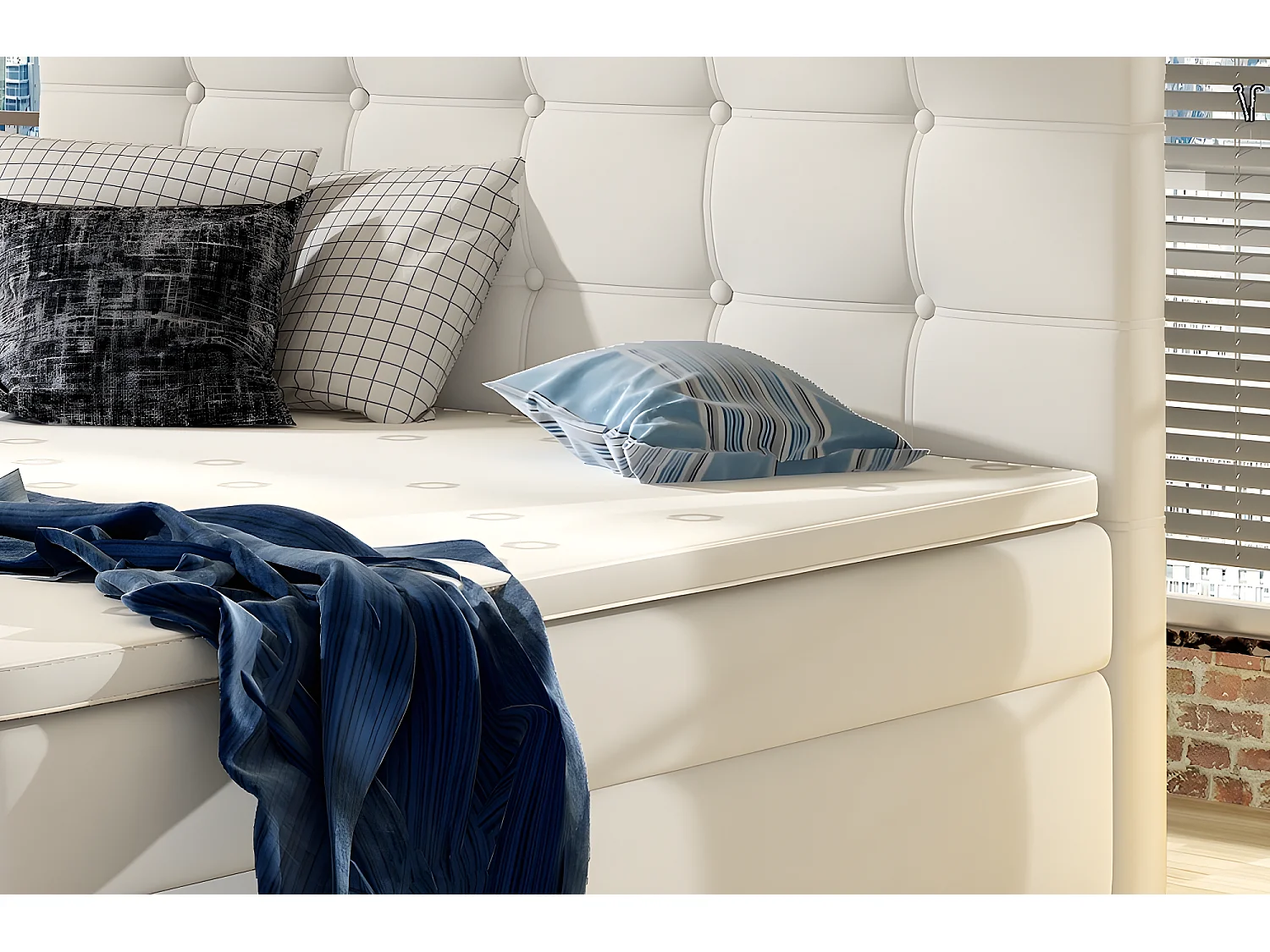 Ensemble boxspring complet tête de lit + sommiers + matelas + surmatelas INAYA de VENESETTI - simili cuir blanc cassé - 140x200 cm