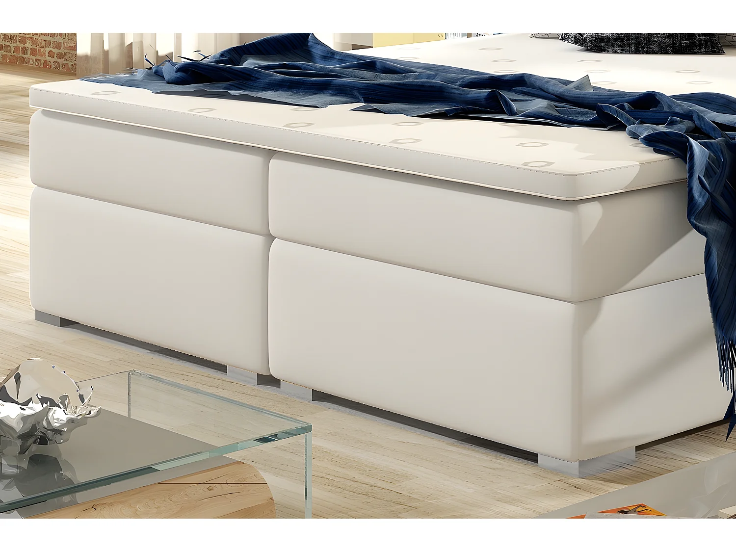 Ensemble boxspring complet tête de lit + sommiers + matelas + surmatelas INAYA de VENESETTI - simili cuir blanc cassé - 140x200 cm