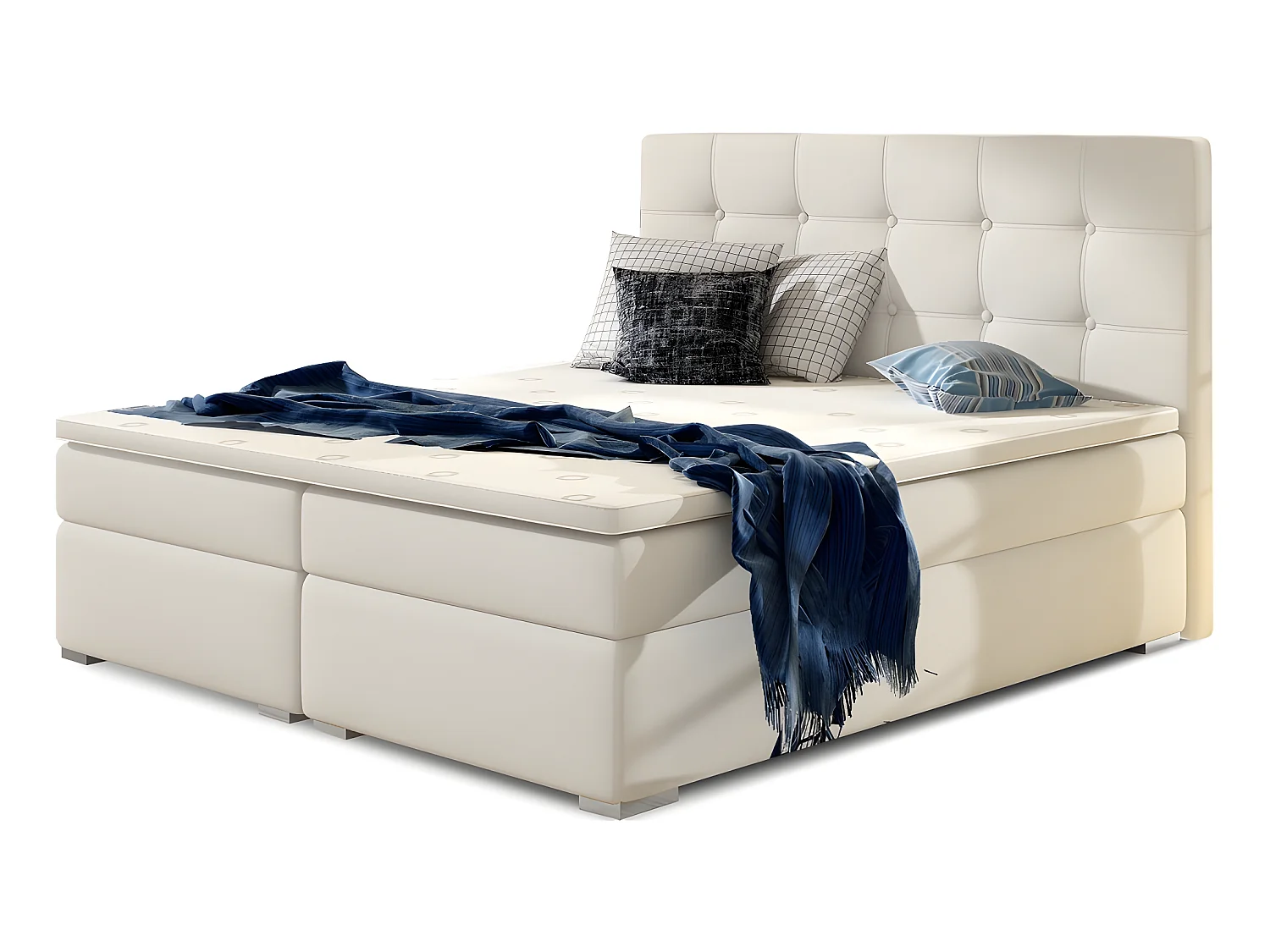 Ensemble boxspring complet tête de lit + sommiers + matelas + surmatelas INAYA de VENESETTI - simili cuir blanc cassé - 140x200 cm