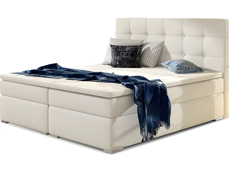 Ensemble boxspring complet tête de lit + sommiers + matelas + surmatelas INAYA de VENESETTI - simili cuir blanc cassé - 140x200 cm