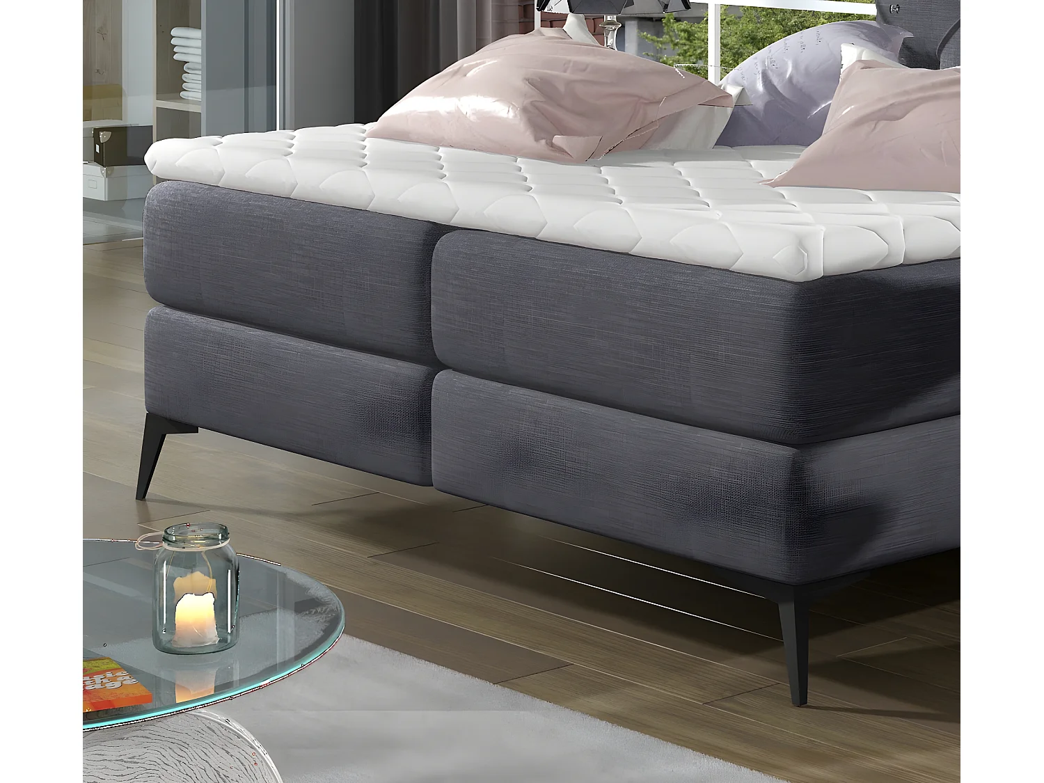 Ensemble boxspring complet tête de lit + sommiers + matelas + surmatelas LAMBERT de VENESETTI - tissu luxe gris foncé - 180x200 cm