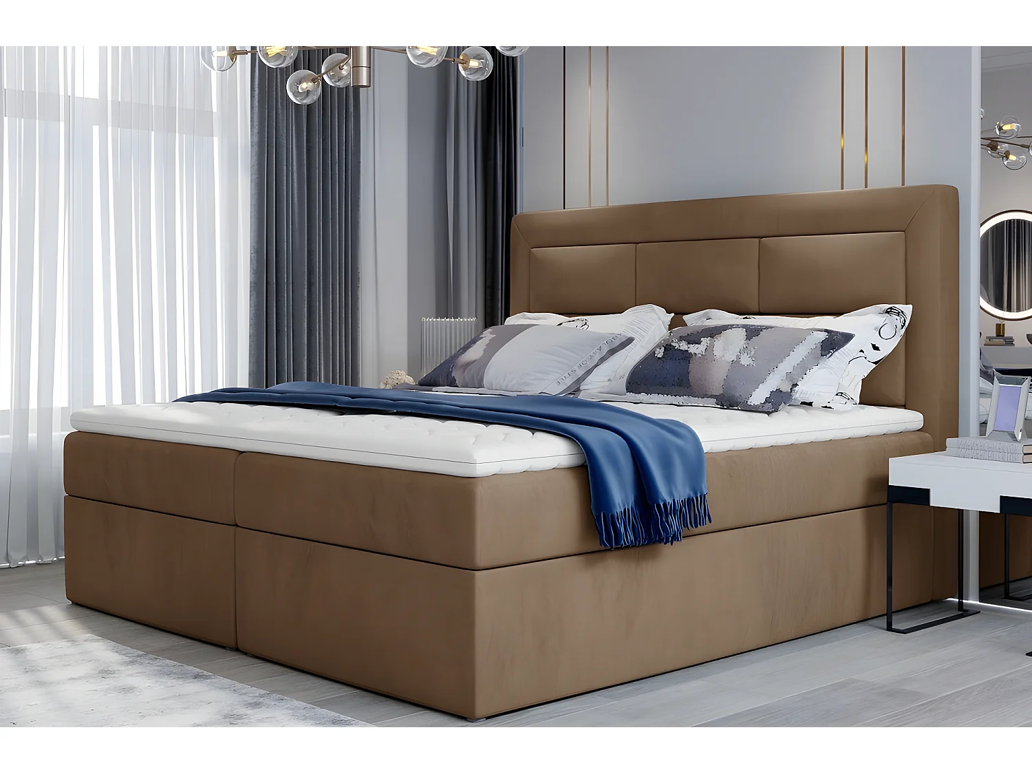 Ensemble boxspring complet tête de lit + sommiers + matelas + surmatelas VISTA VELOURS de VENESETTI - tissu velours luxe marron - 160 x 200 cm