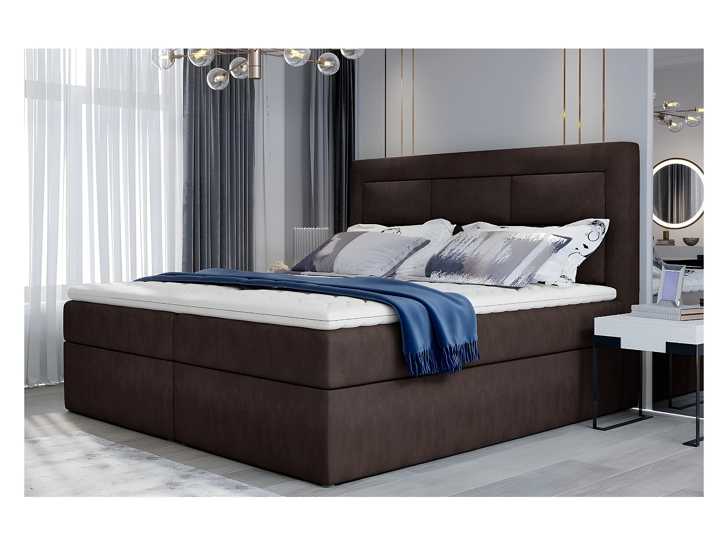 Ensemble boxspring complet tête de lit + sommiers + matelas + surmatelas VISTA de VENESETTI - tissu luxe chocolat - 180 x 200 cm
