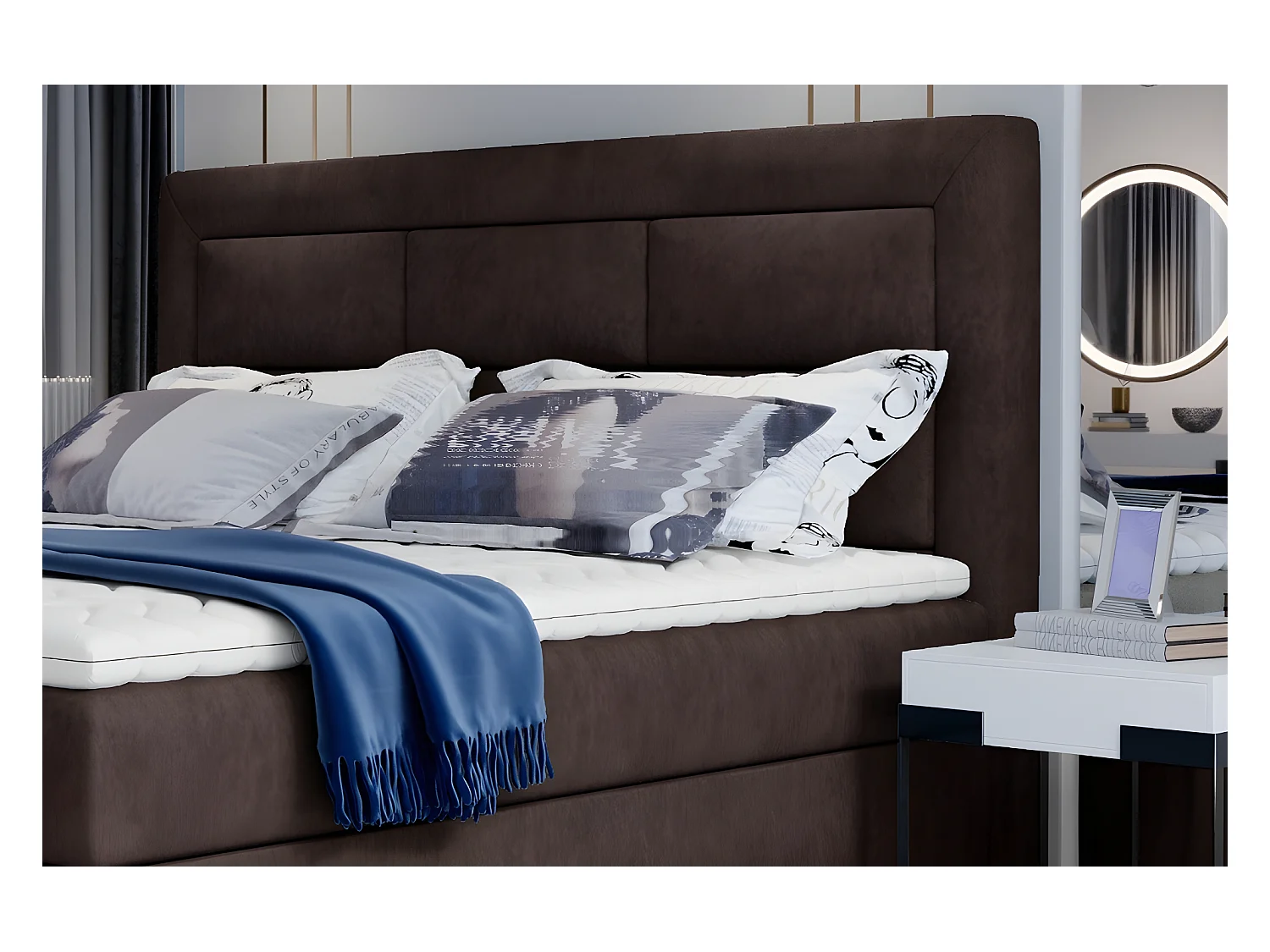Ensemble boxspring complet tête de lit + sommiers + matelas + surmatelas VISTA de VENESETTI - tissu luxe chocolat - 180 x 200 cm