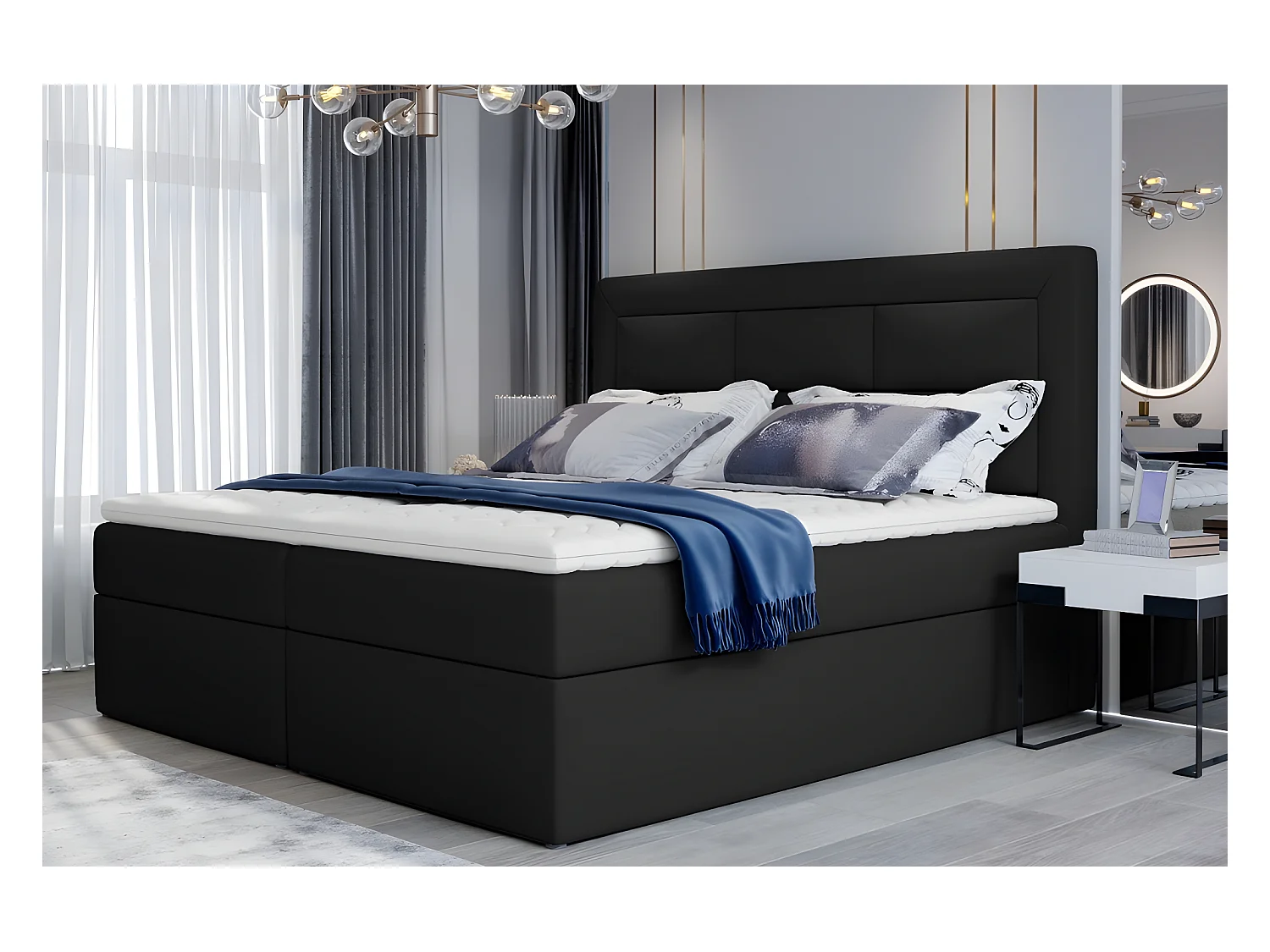 Ensemble boxspring complet tête de lit + sommiers + matelas + surmatelas VISTA de VENESETTI - simili cuir noir - 180 x 200 cm