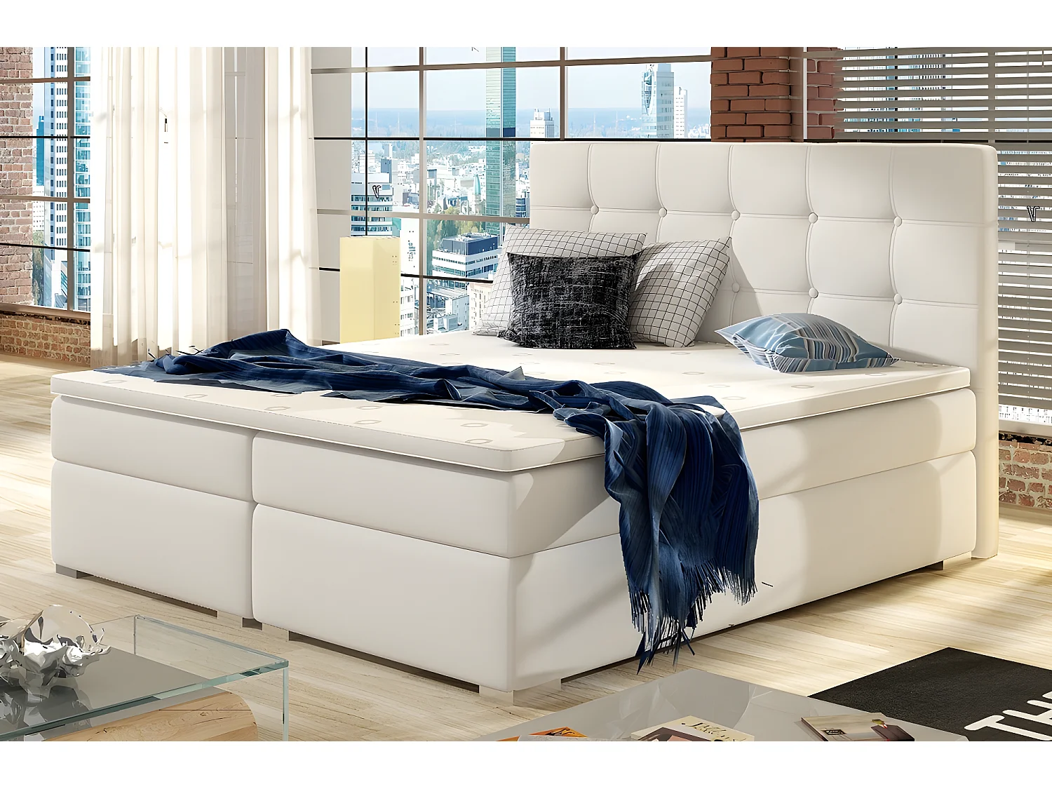 Ensemble boxspring complet tête de lit + sommiers + matelas + surmatelas INAYA de VENESETTI - simili cuir blanc cassé - 180x200 cm