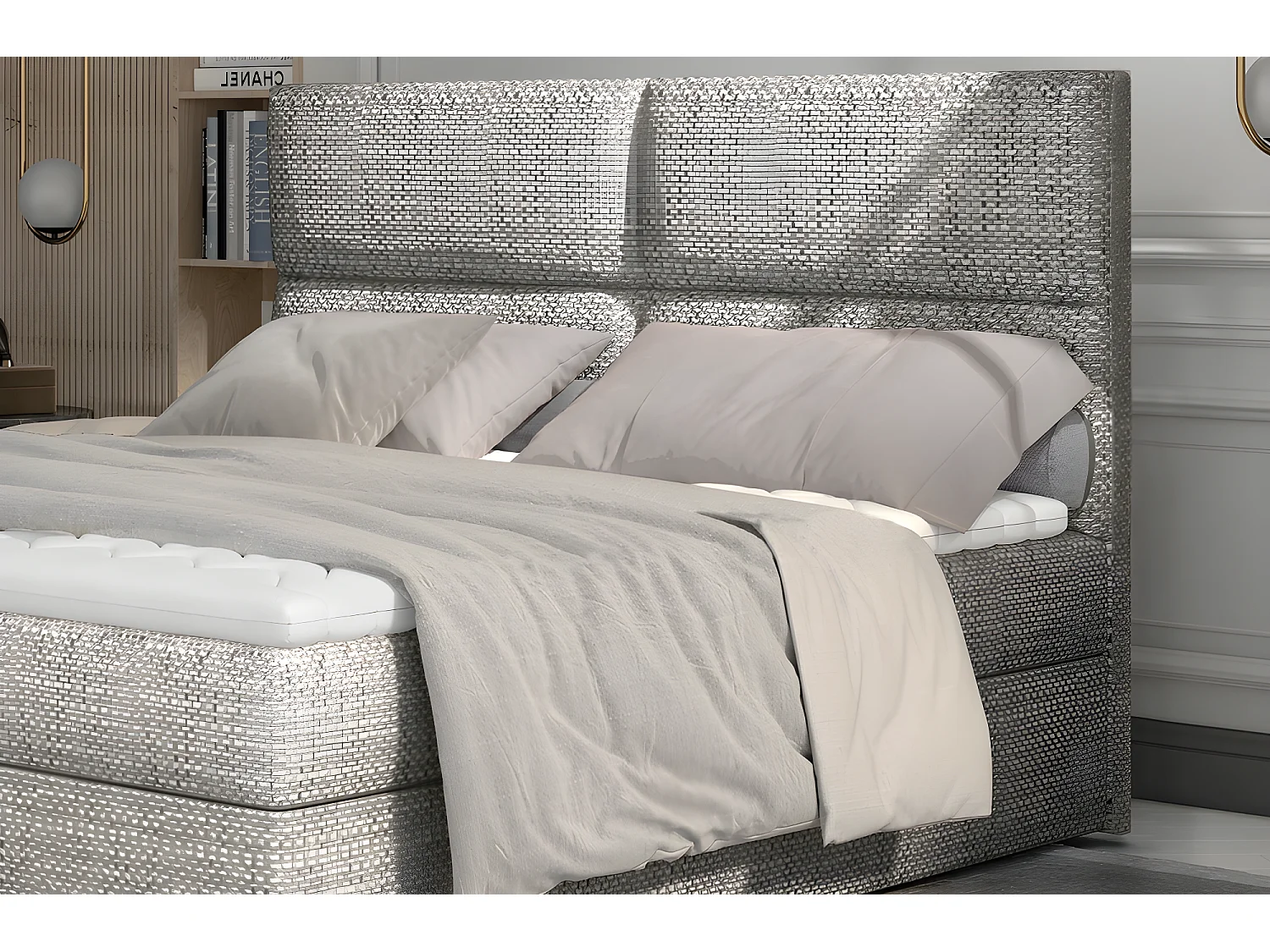 Ensemble boxspring complet tête de lit + sommiers + matelas + surmatelas AMARIS de VENESETTI - tissu luxe gris - 160x200 cm