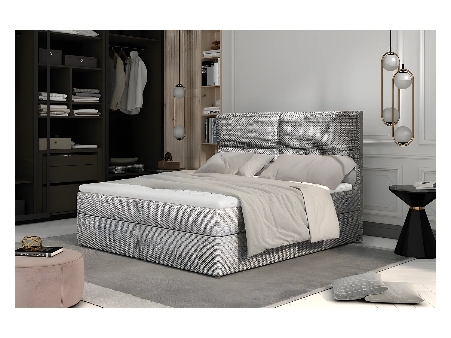 Ensemble boxspring complet tête de lit + sommiers + matelas + surmatelas AMARIS de VENESETTI - tissu luxe gris - 160x200 cm