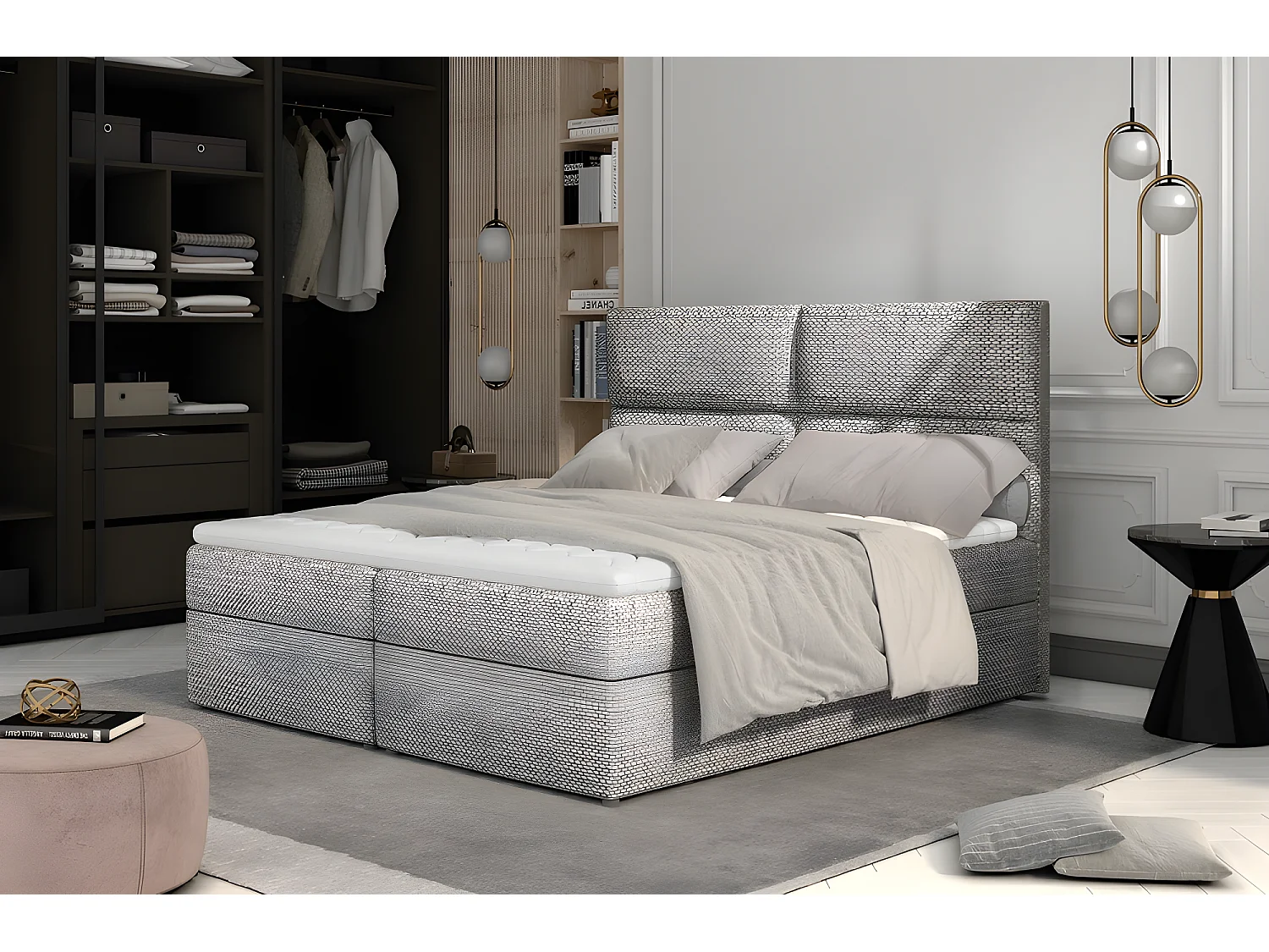 Ensemble boxspring complet tête de lit + sommiers + matelas + surmatelas AMARIS de VENESETTI - tissu luxe gris - 160x200 cm