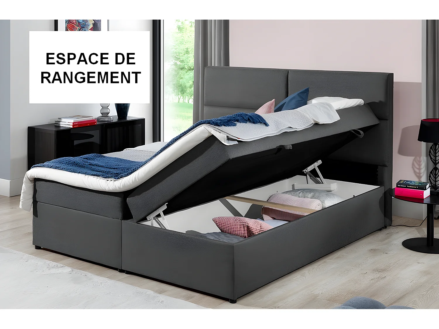 Ensemble boxspring complet tête de lit + sommiers + matelas + surmatelas AMARIS de VENESETTI - tissu luxe gris - 160x200 cm