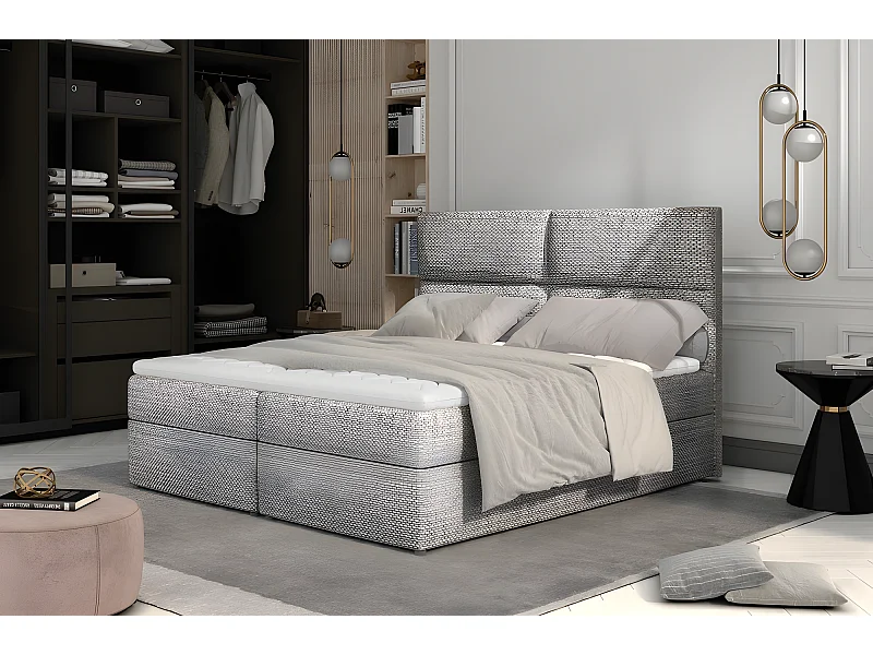 Ensemble boxspring complet tête de lit + sommiers + matelas + surmatelas AMARIS de VENESETTI - tissu luxe gris - 160x200 cm