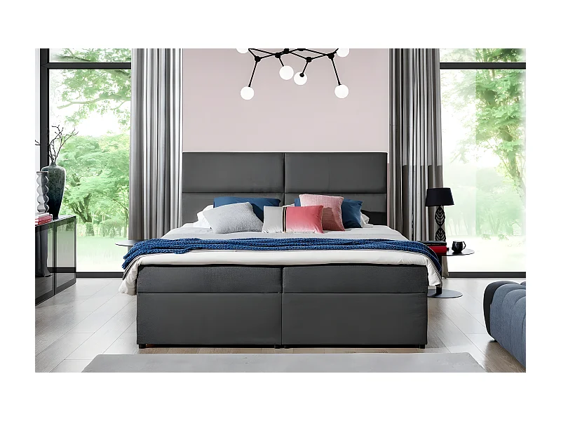 Ensemble boxspring complet tête de lit + sommiers + matelas + surmatelas AMARIS de VENESETTI - tissu luxe gris foncé - 180x200 cm