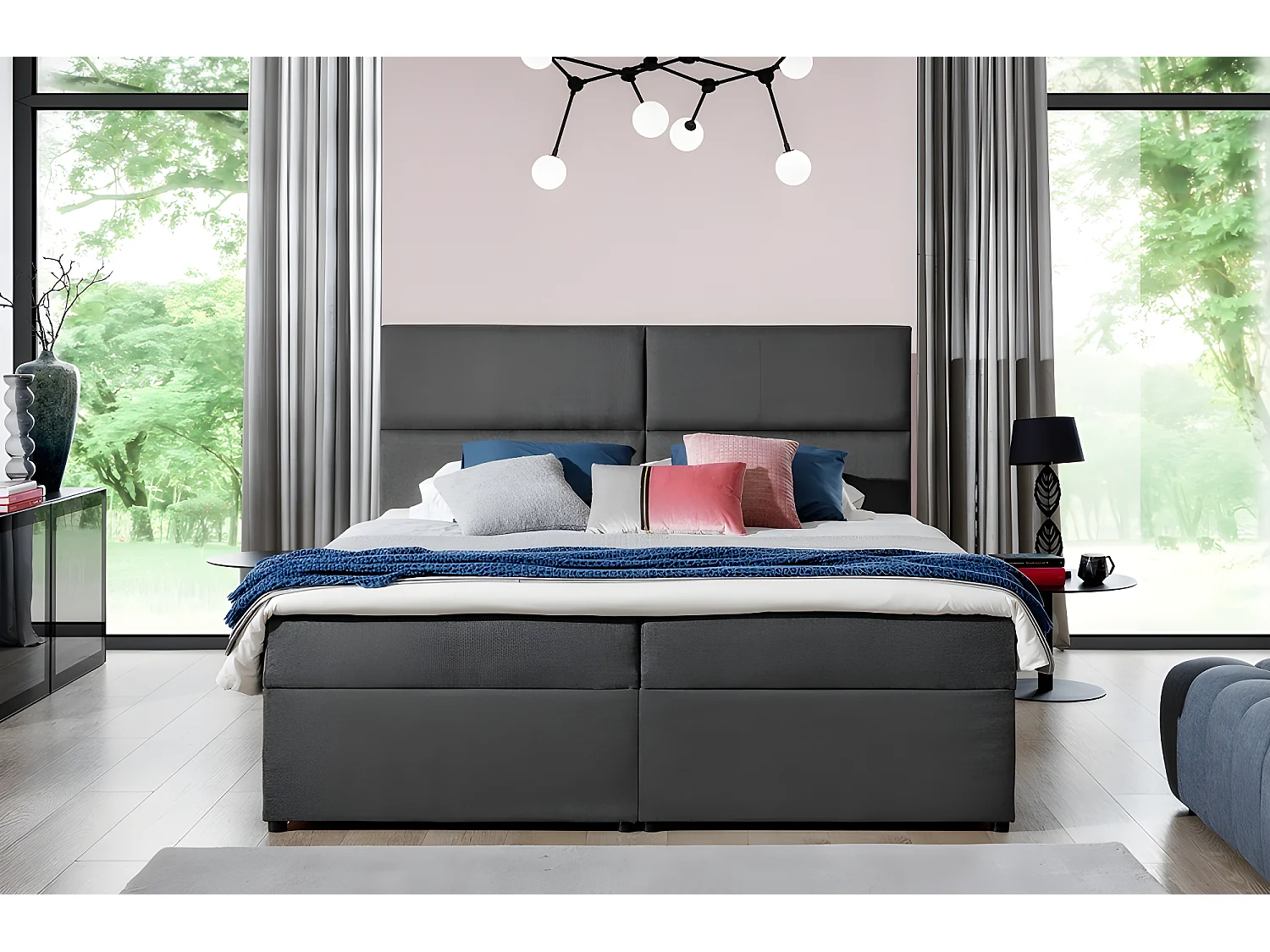 Ensemble boxspring complet tête de lit + sommiers + matelas + surmatelas AMARIS de VENESETTI - tissu luxe gris foncé - 180x200 cm