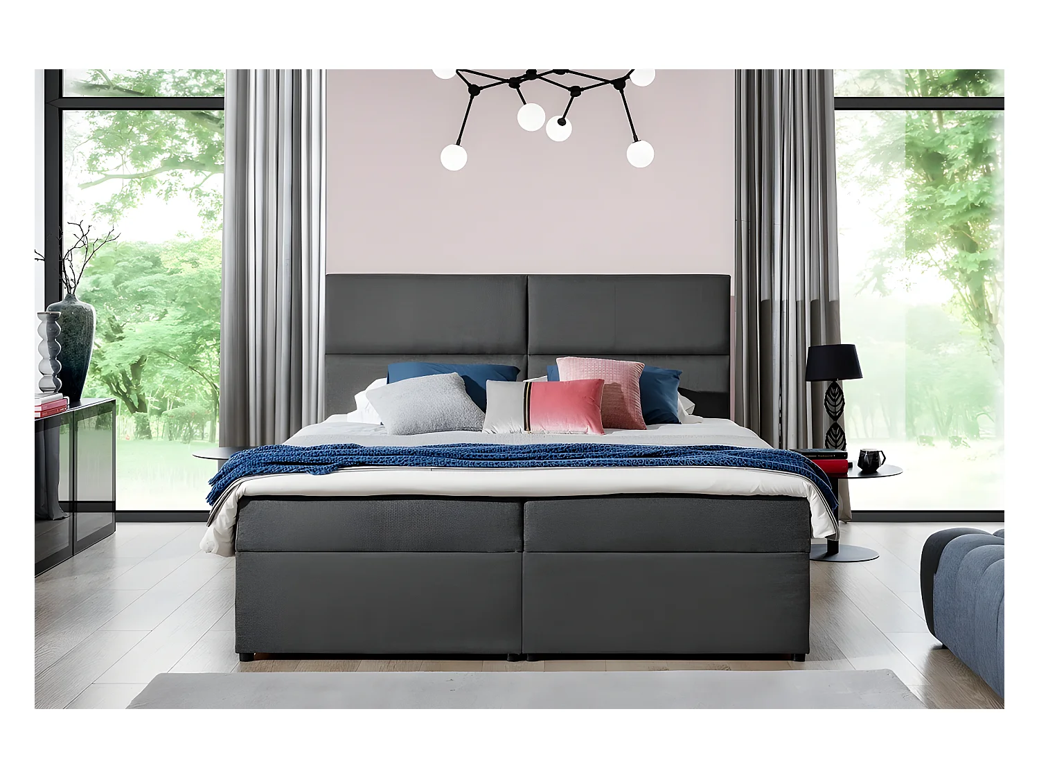 Ensemble boxspring complet tête de lit + sommiers + matelas + surmatelas AMARIS de VENESETTI - tissu luxe gris foncé - 180x200 cm