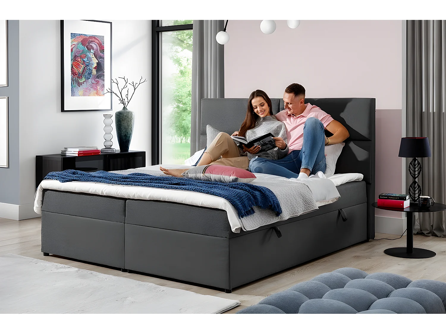 Ensemble boxspring complet tête de lit + sommiers + matelas + surmatelas AMARIS de VENESETTI - tissu luxe gris foncé - 180x200 cm