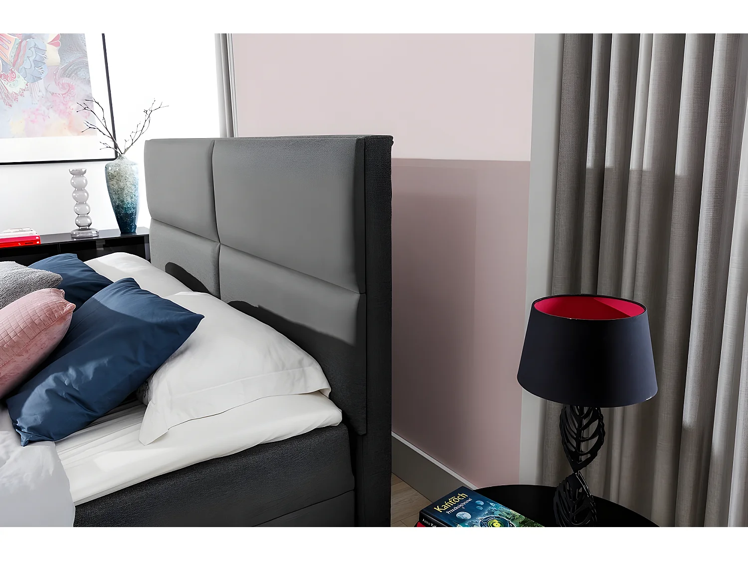 Ensemble boxspring complet tête de lit + sommiers + matelas + surmatelas AMARIS de VENESETTI - tissu luxe gris foncé - 180x200 cm