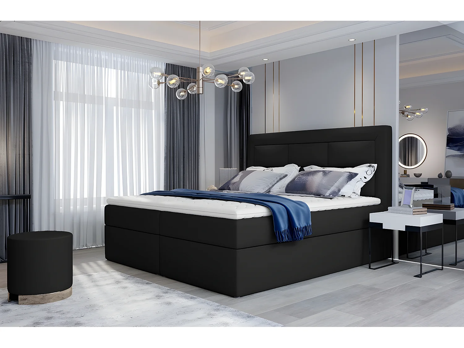 Ensemble boxspring complet tête de lit + sommiers + matelas + surmatelas VISTA de VENESETTI - simili cuir noir - 160 x 200 cm