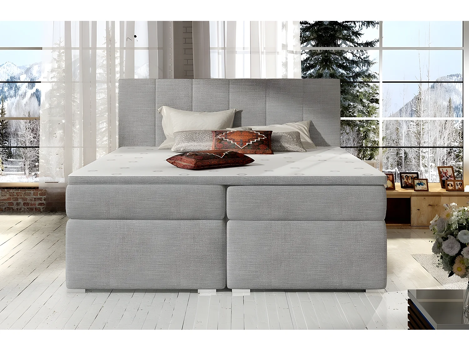 Ensemble boxspring complet tête de lit + sommiers + matelas + surmatelas BORIS de VENESETTI - tissu luxe gris clair - 180x200 cm