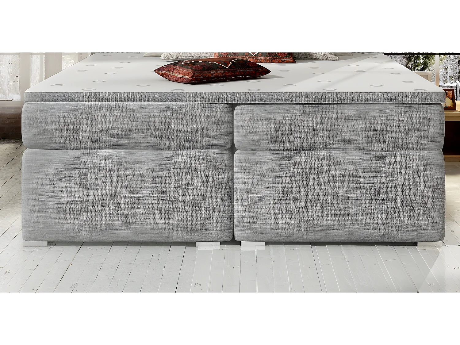 Ensemble boxspring complet tête de lit + sommiers + matelas + surmatelas BORIS de VENESETTI - tissu luxe gris clair - 180x200 cm