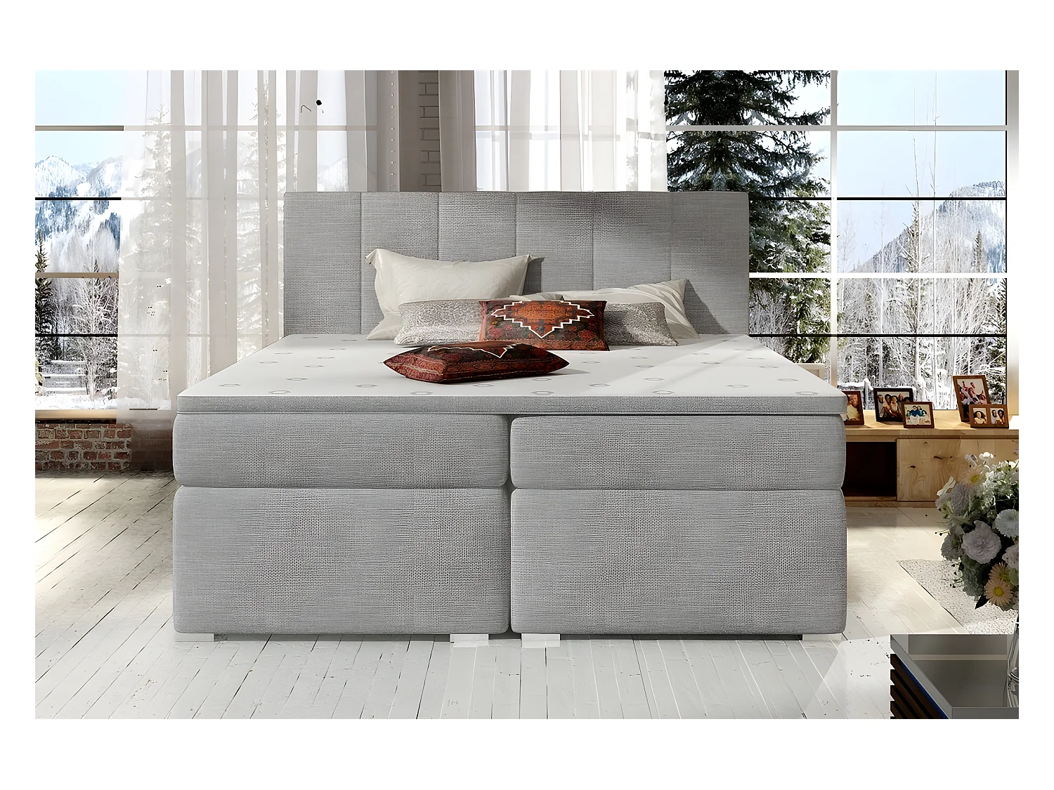 Ensemble boxspring complet tête de lit + sommiers + matelas + surmatelas BORIS de VENESETTI - tissu luxe gris clair - 180x200 cm