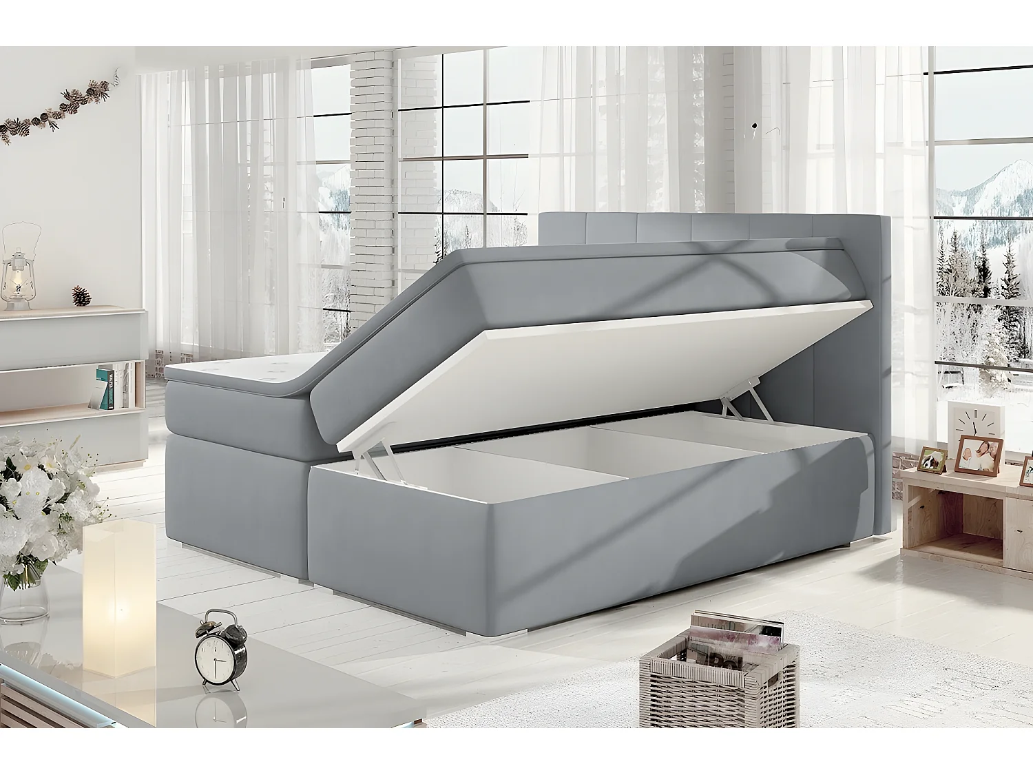 Ensemble boxspring complet tête de lit + sommiers + matelas + surmatelas BORIS de VENESETTI - tissu luxe gris clair - 180x200 cm