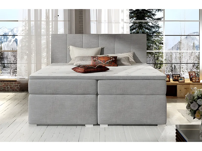 Ensemble boxspring complet tête de lit + sommiers + matelas + surmatelas BORIS de VENESETTI - tissu luxe gris clair - 180x200 cm