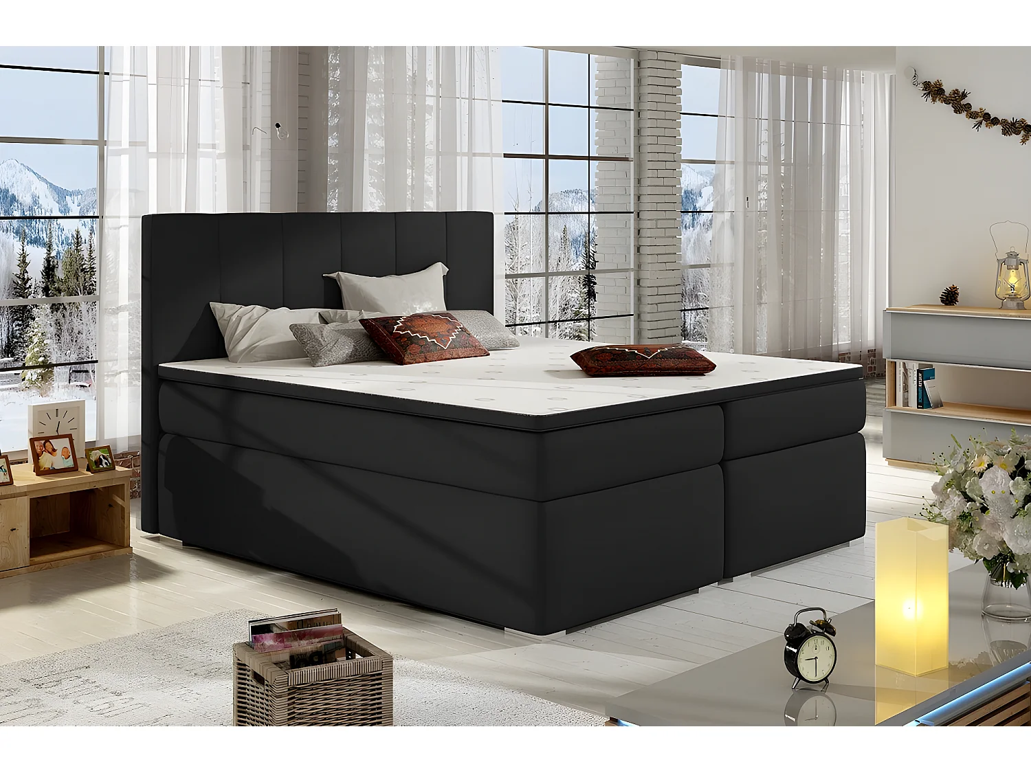 Ensemble boxspring complet tête de lit + sommiers + matelas + surmatelas BORIS de VENESETTI - tissu luxe noir - 160x200 cm