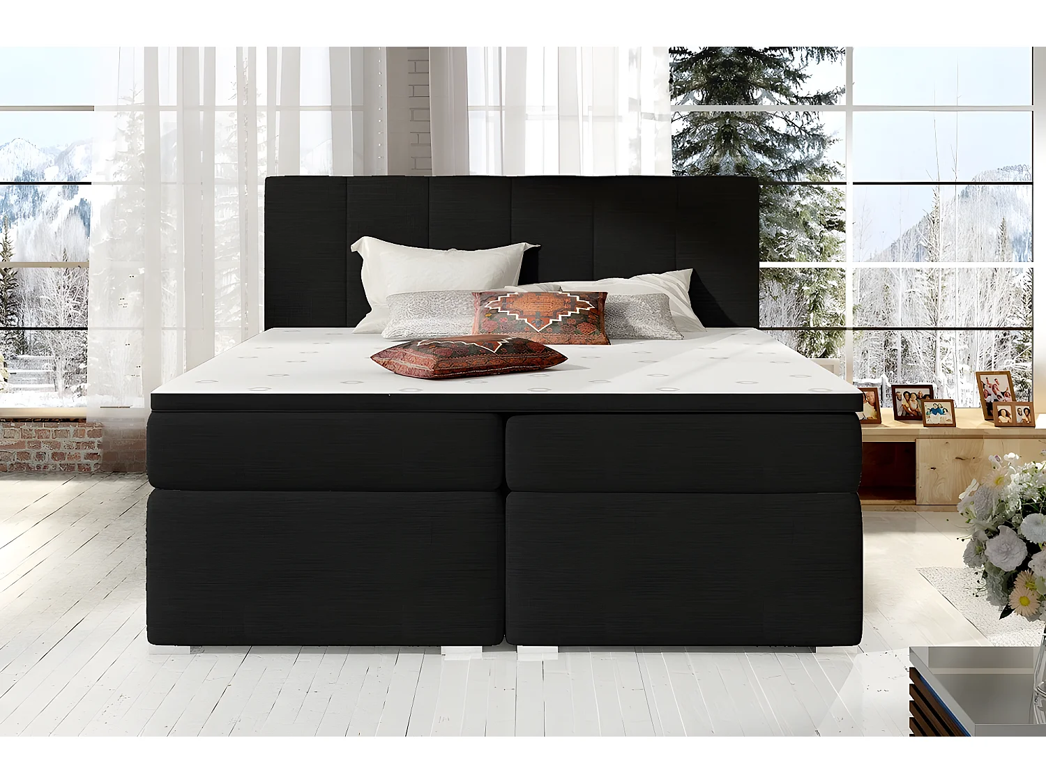 Ensemble boxspring complet tête de lit + sommiers + matelas + surmatelas BORIS de VENESETTI - tissu luxe noir - 160x200 cm
