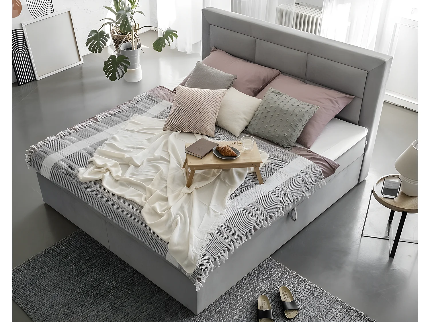 Ensemble boxspring complet tête de lit + sommiers + matelas + surmatelas VISTA VELOURS de VENESETTI - tissu velours luxe gris - 160 x 200 cm