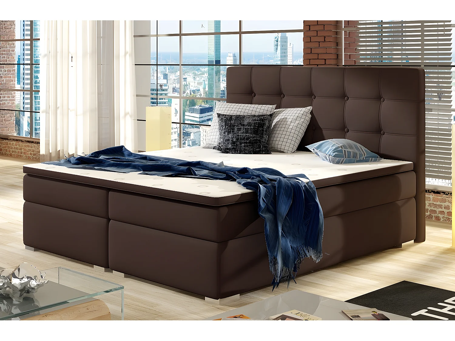 Ensemble boxspring complet tête de lit + sommiers + matelas + surmatelas INAYA de VENESETTI - simili cuir chocolat - 140x200 cm