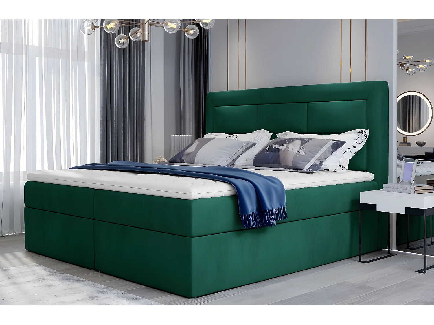 Ensemble boxspring complet tête de lit + sommiers + matelas + surmatelas VISTA VELOURS de VENESETTI - tissu velours luxe vert - 140 x 200 cm