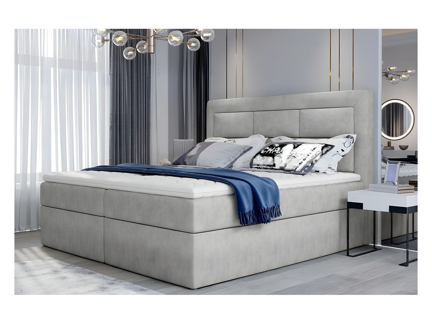 Ensemble boxspring complet tête de lit + sommiers + matelas + surmatelas VISTA de VENESETTI - tissu luxe gris - 180 x 200 cm