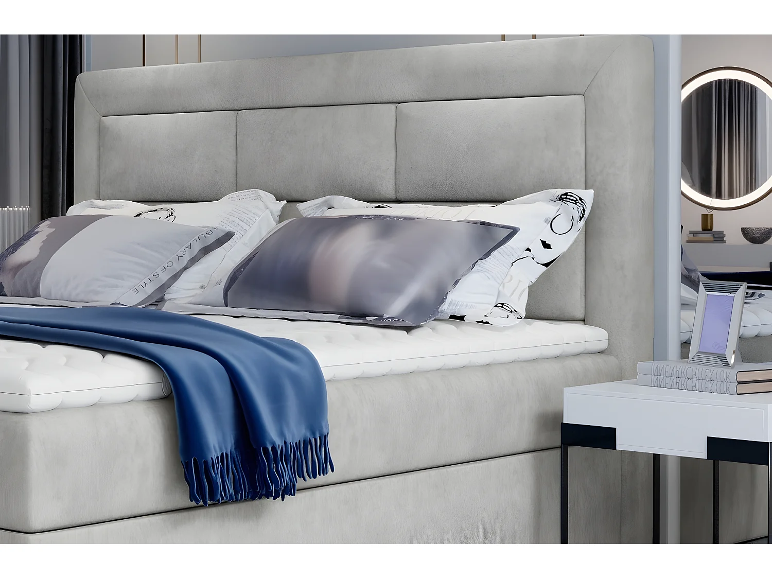 Ensemble boxspring complet tête de lit + sommiers + matelas + surmatelas VISTA de VENESETTI - tissu luxe gris - 180 x 200 cm